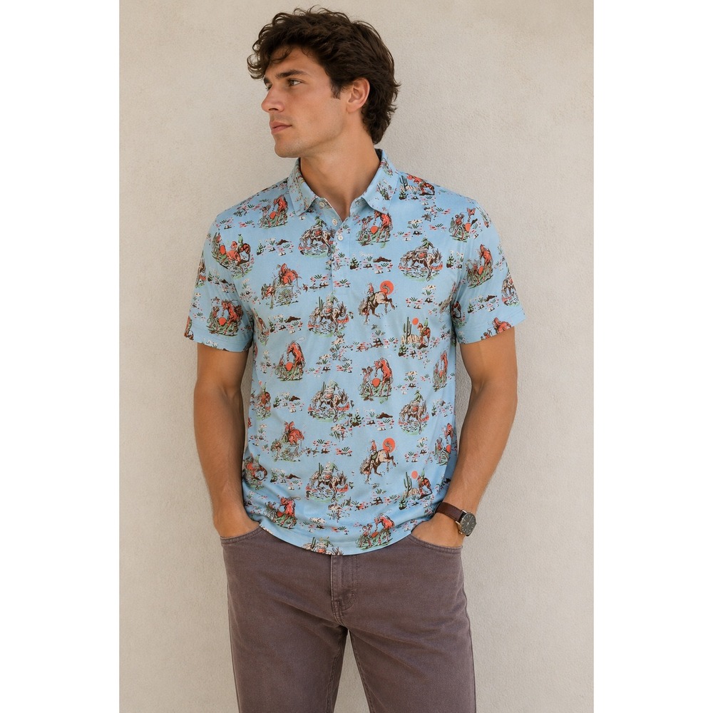 Burlebo Mens XL Performance Polo Shirt Blue Western Cowboy Bronco Print Stretch